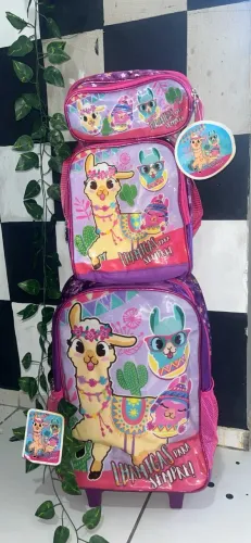 KIT ESCOLAR INFANTIL COMPLETO - LHAMIGOS ? OU DINOSSAURO ? | MOCHILA CARRINHO 2 EM 1