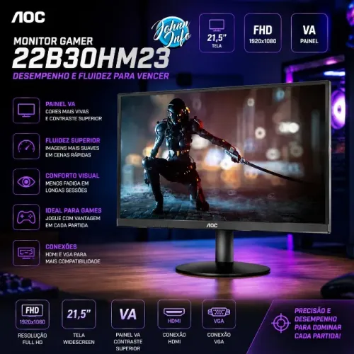 Monitor Gamer AOC 21,5, FHD, 120hz, VA, 1ms, HDMI/VGA - 22B30HM23