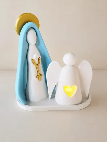 Conjunto Nossa Senhora Aparecida + Anjo + Bandeja e Vela Led