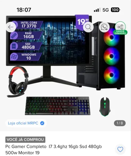 Pc gamer completo l7 3.4ghz 16gb Ssd 480gb 500W monitor 19 + mesa gamer