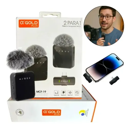 Microfone Lapela Duplo Sem Fio Tipo-c Android E Iphone 15++ Preto