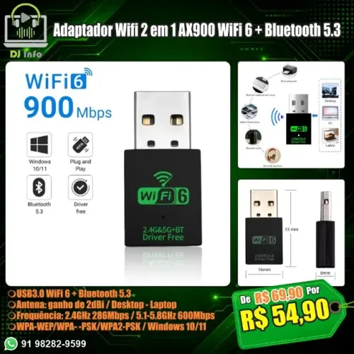 Adaptador Wifi 2 em 1 AX900 WiFi 6 + Bluetooth 5.3