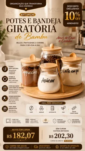 Kit 5 Potes de Vidro com Tampa de Bambu + Bandeja Giratória