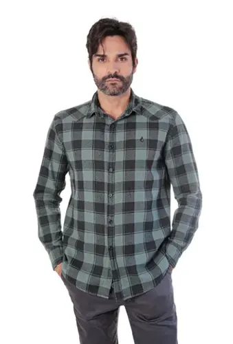 Camisa Xadrez Masculina Manga Longa Modelagem Slim - Verde Botânico/Preto