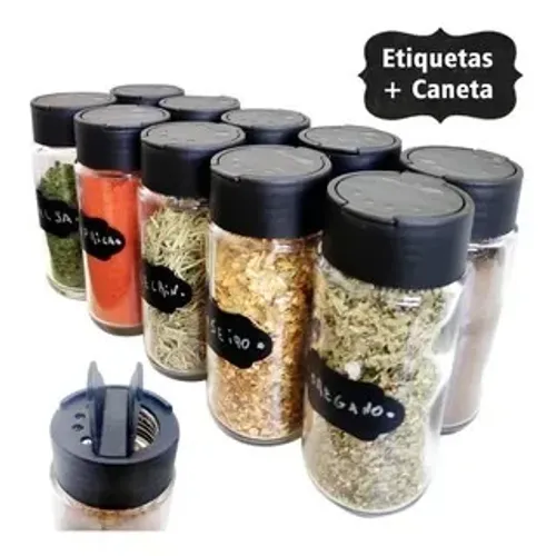 Entrego no metrô: Kit 10 Potes Tempero + Etiquetas Lousa + 1 Caneta Giz Especial