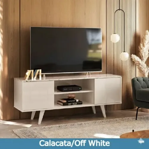 Rack lisboa com pés estilo retrô (ate 55 polegadas) calacata off white