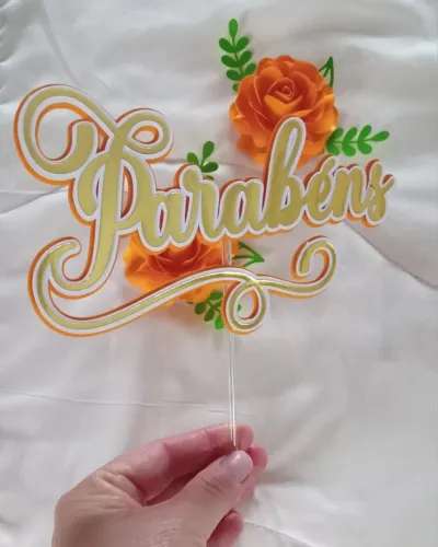 Topo de Bolo Parabéns Com 2 Flores Laranja Topper de Bolo Aniversário 3D