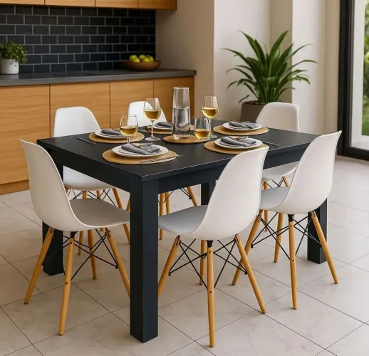 Mesa 1,20 x 0,90 com 4 cadeiras (brancas ou pretas)