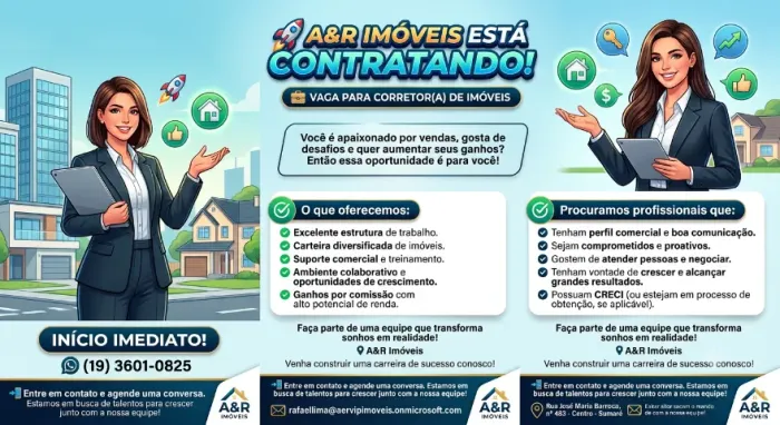 Vaga para corretor de imoveis (sumaré) inicio imediato