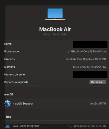 MacBook Air 2020 i3 8GB 256GB SSD Retina em bom estado