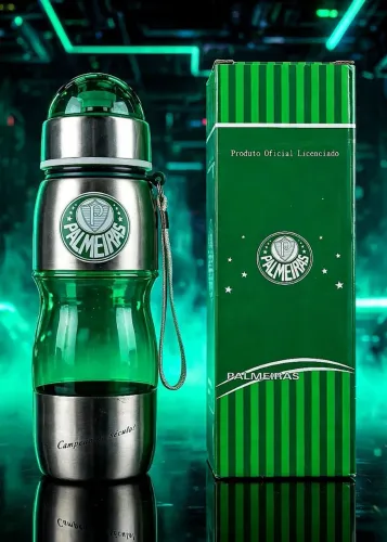 Garrafa Squeeze Palmeiras Plástico e Inox 600ml - Nova.