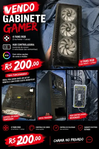 GABINETE GAMER LATERAL DE VIDRO TEMPERADO + 5 FANS + CONTROLADORA DE HUB + CONTROLE DE LED