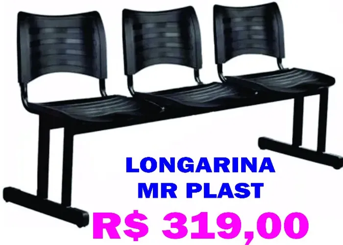 Longarina 3 Lugares Polipropileno Preta - Nova - AP DE 319