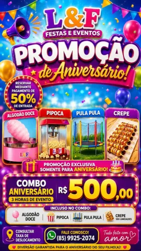 COMBO ANIVERSÁRIO! ? Algodão doce, pipoca, crepe suíço e pula pula 