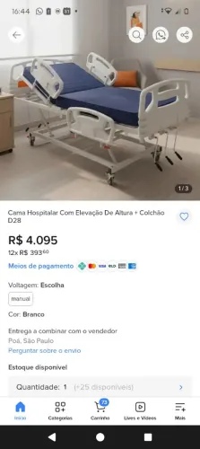 Vendo uma cama hospitalar em perfeito estado apenas 6 meses de uso