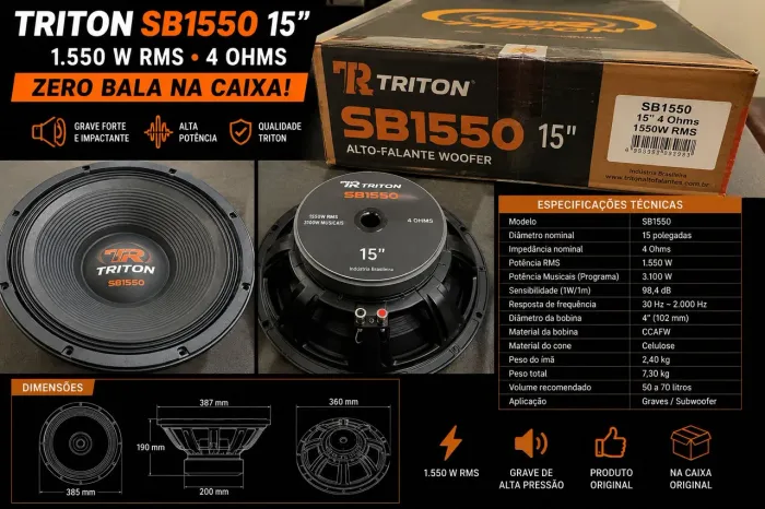 Alto-falante Triton SB 15? 1550 RMS 4 Ohms, zero bala na caixa