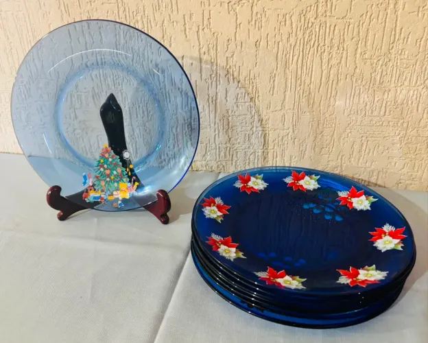 Lote Pratos Natalinos Vidro Azul Cobalto Vintage Coleção