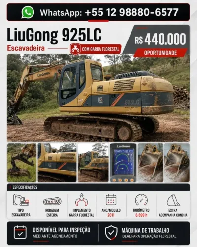Escavadeira 2011 Liugong 925lc com Garra Florestal e Concha