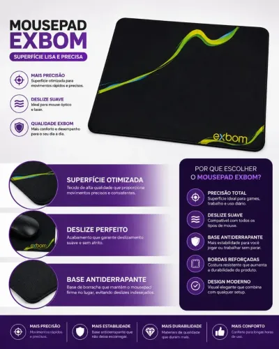 Mousepad Exbom Preto - Superfície Lisa e Confortável
