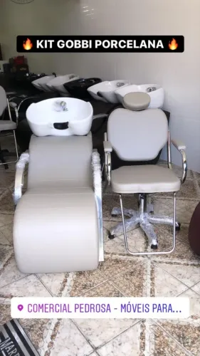 Kit Novo Lavatório Cuba de Porcelana Móvel + Cadeira Hidráulica de Salão de Beleza
