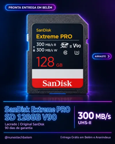Cartão de memória SD Sandisk 128gb V90 Extreme Pro
