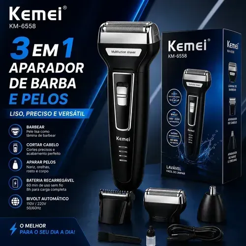 Aparador de barba e pelos 3 em 1 recarregável bivolt - Kemei