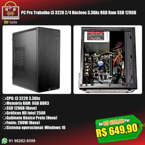 PC Pra Trabalho i3 3220 2/4 Núcleos 3.3Ghz 8GB Ram SSD 128GB