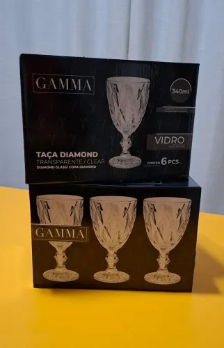 Jogo 6 Taças Vidro Copo Diamante 340ml Transparente Gamma