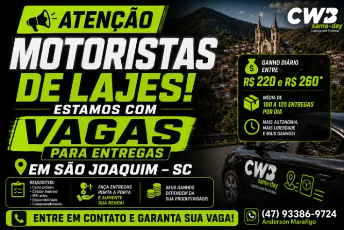 OPORTUNIDADE PARA MOTORISTAS EM SÃO JOAQUIM/SC