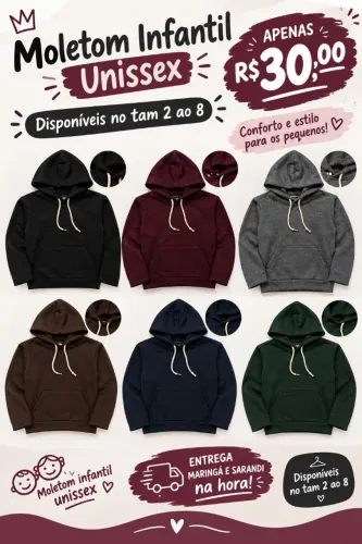 Casaco moletom infantil Unisex modelo liso e duas cores