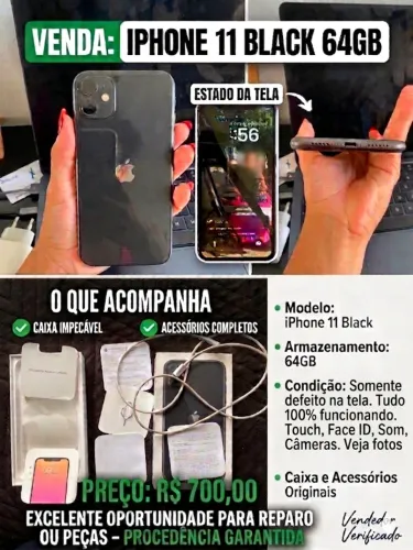 iPhone 11 Black 64GB - Completo na Caixa (Detalhe na Tela)