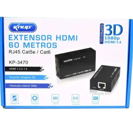 Extensor Hdmi Até 60 Metros Tv 3d Cabo Utp Rede Rj45 Cat5e Kp-3470 Com 2 Fontes