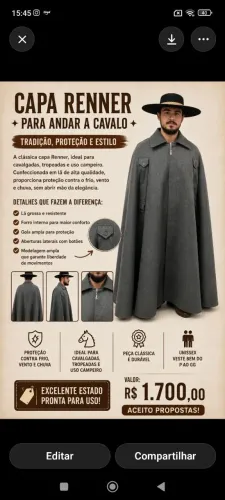 Capa Renner tropeiro em lã batido 
