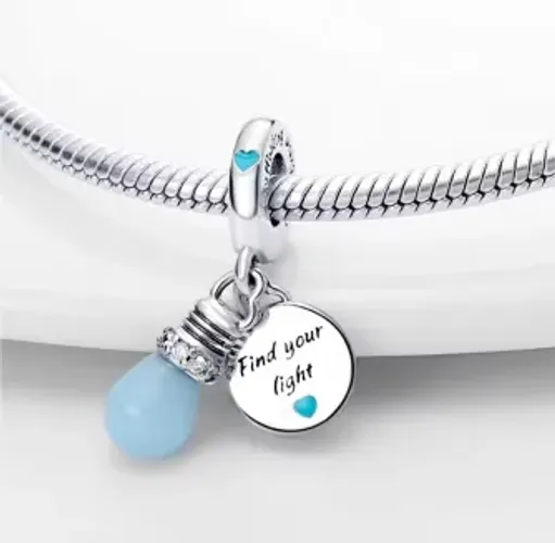 Berloque Lâmpada Azul Com Frase Find Your Light (Prata 925)