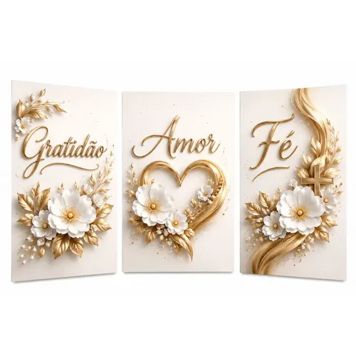 Kits 3 quadro decorativo gratidão, amor, fé
