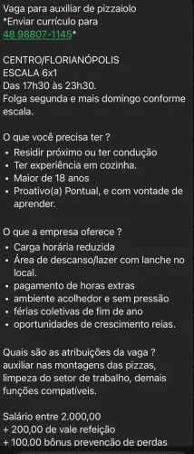 Vaga para auxiliar de pizzaiolo
