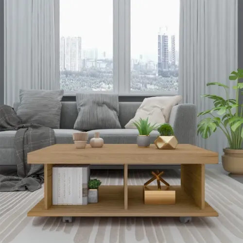 Mesa de Centro Retangular com Dois Nichos e Rodízios Cor Carvalho em Até 6x