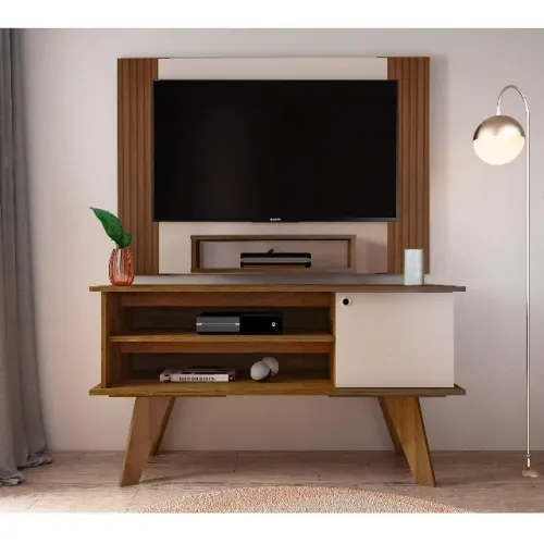 Conjunto Painel TV até 47" + Rack Amadeirado Com Off White 120cm | Fazemos Entrega