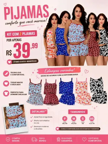  Kit com 2 pijamas por apenas R$ 39,99/COM FRETE GRÁTIS 