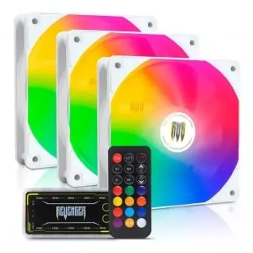 KIT 3 COOLER FAN RGB 120MM BRANCAS COM CONTROLADORA E CONTROLE REMOTO REVENGER G-VR335K