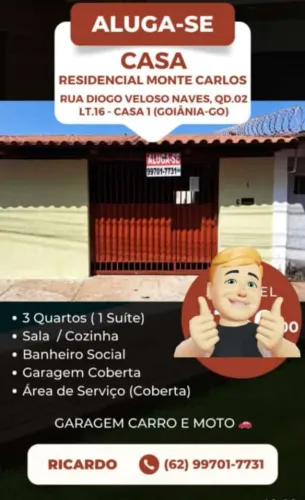 Aluga Casa 03 qto suíte St MONTE CARLOS divisa com RIO FORMOSO GOIÂNIA 