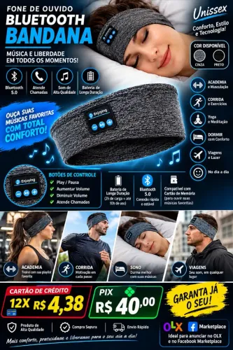 Fone de ouvido Bluetooth, bandana cor cinza e preto para sono e várias atividades.