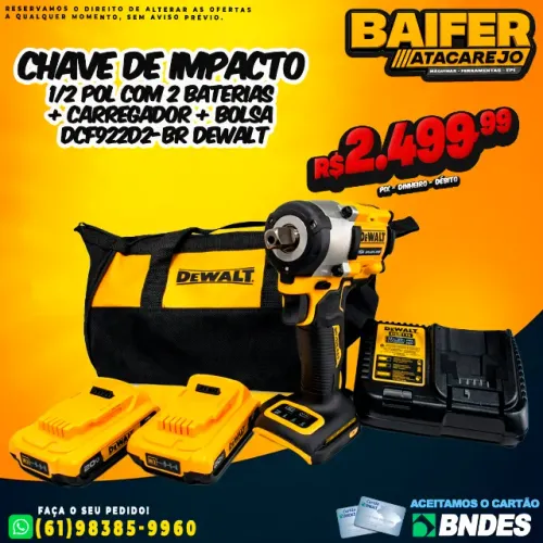 Chave de Impacto 1/2 Pol Com 2 Baterias + Carregador + Bolsa DCF922D2-BR Dewalt