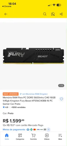 MEMÓRIA RAM DDR5 16GB 5600Mhz