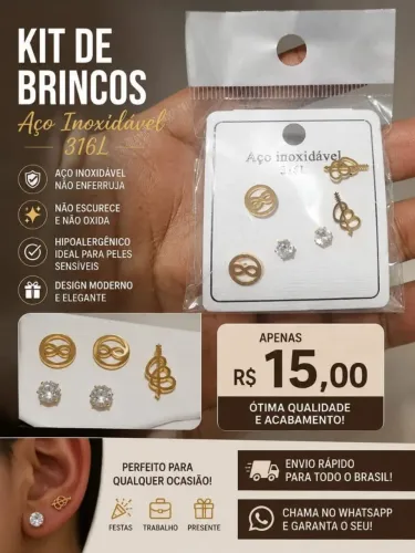 Kit 3 pares brincos infinito aço inox dourado