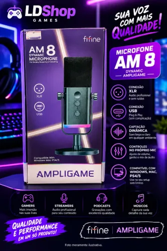 Microfone Dinâmico Gamer Fifine Ampligame Xlr Led Rgb Am8