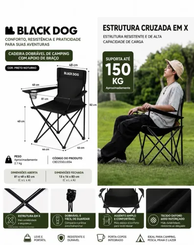 Cadeira Dobrável Black Dog Camping Reforçada até 150kg com Porta-Copos