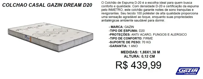 Colchão casal D20 Excelência em conforto