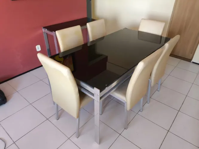 Cjto sala de jantar em aço inox e vidro temperado fumê - mesa + 6 cadeiras + aparadeira
