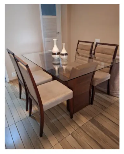 Mesa De Jantar Madeira Maciça Tampo Vidro E 4 Cadeiras Estilo Suede Bege